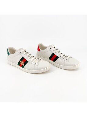 Gucci Ace Bee White Leather Low Top Sneakers Stripe Shoe Size 38.5 US 8.5 Women